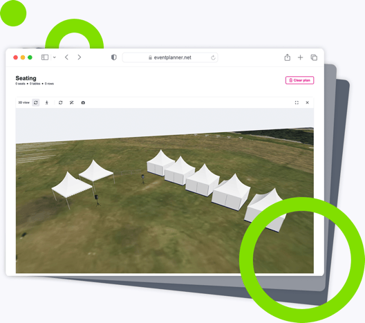 A festival site in 3D on a satellite map, with open market tents, tents with walls and speakers.