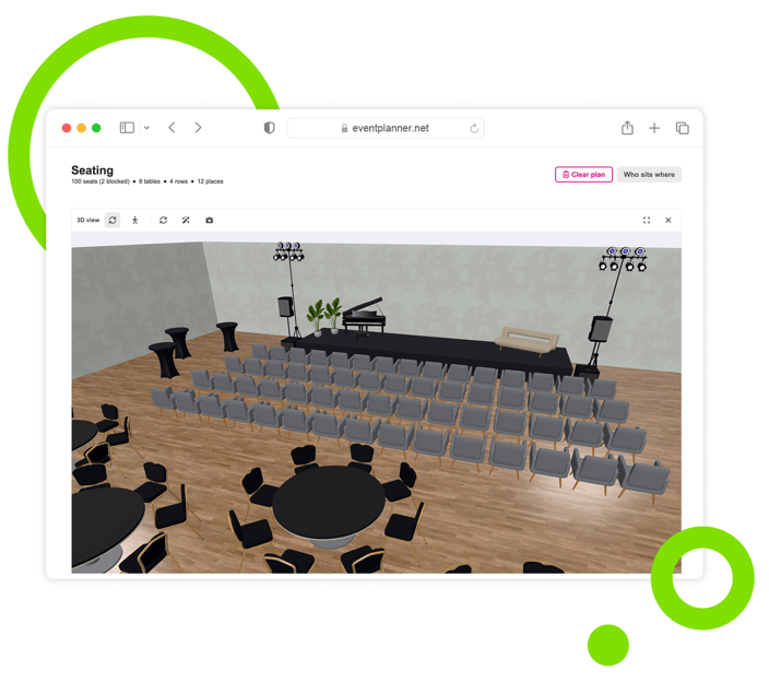 The 3D view in the eventplanner.net event software: rows of chairs and round tables in front of a stage with a grand piano.