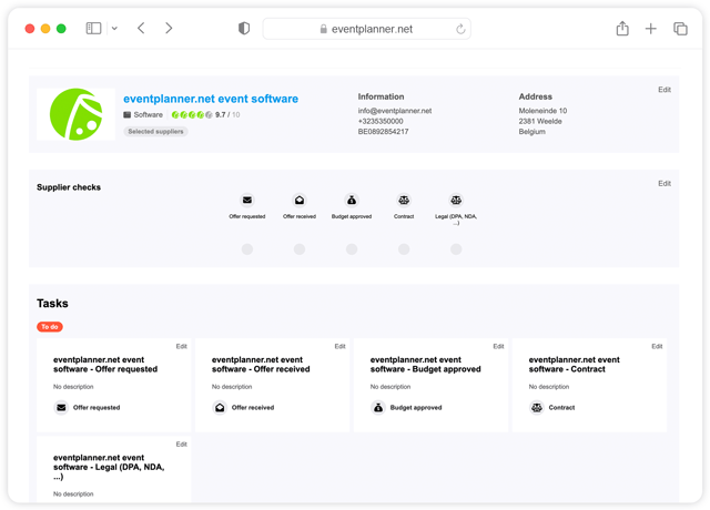 Suppliers interface showing the dashboard to manage an event supplier or venue.