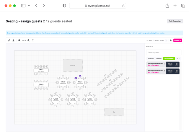 Seating plan designer showing tables and numbered seats.