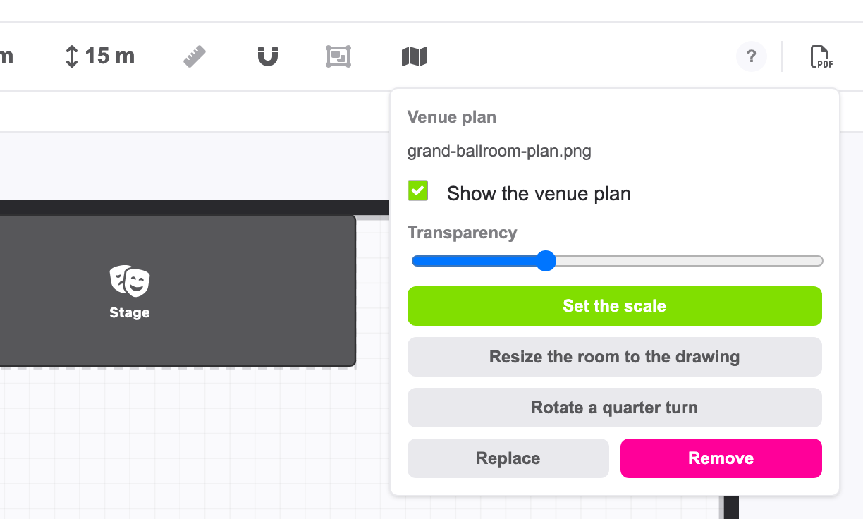 The Venue plan window with an uploaded plan of the room