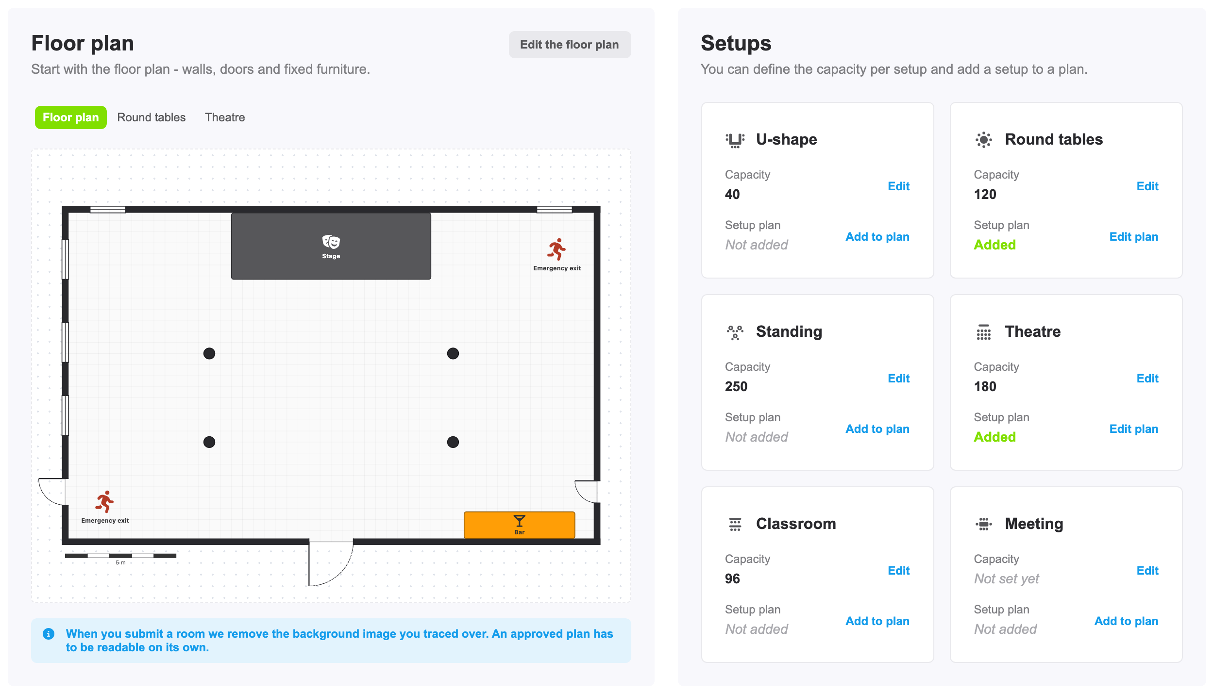 The Setups card with a capacity and a plan per setup