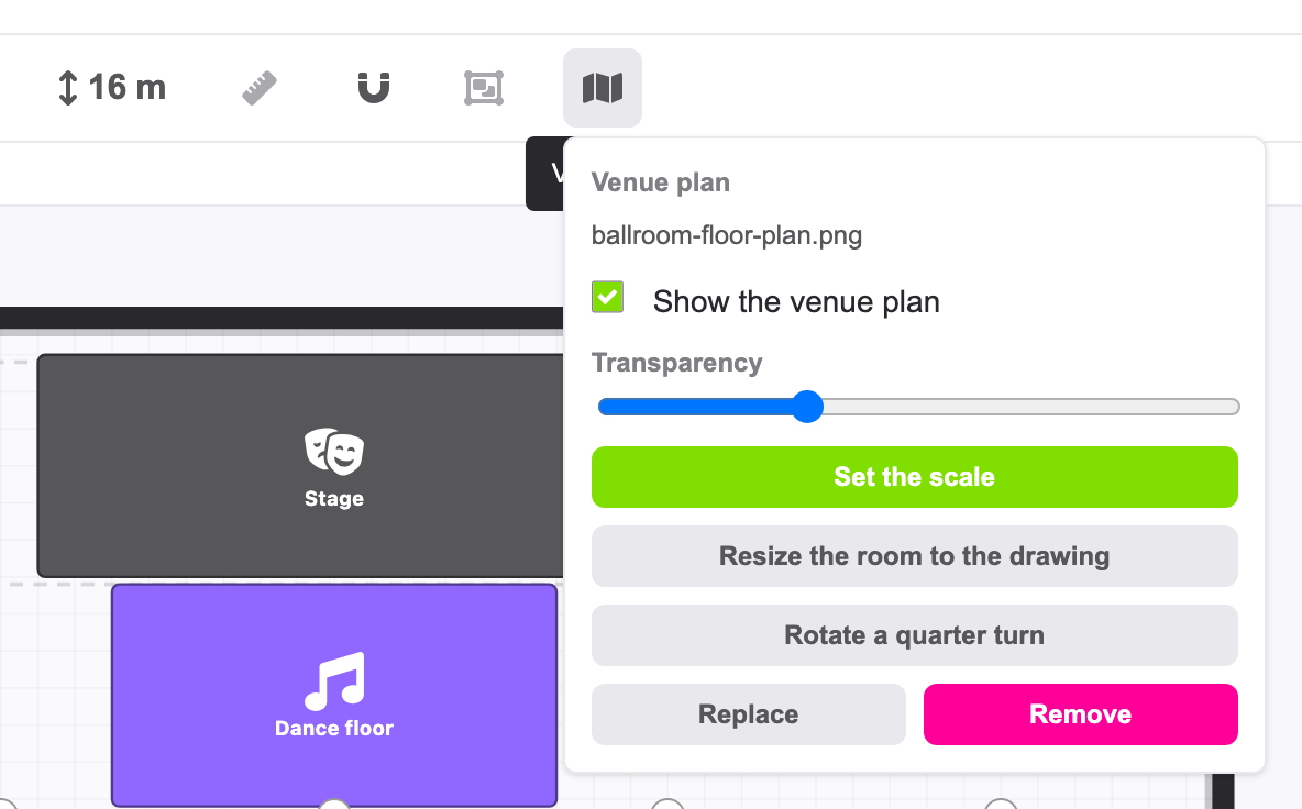 The Venue plan window with an uploaded drawing