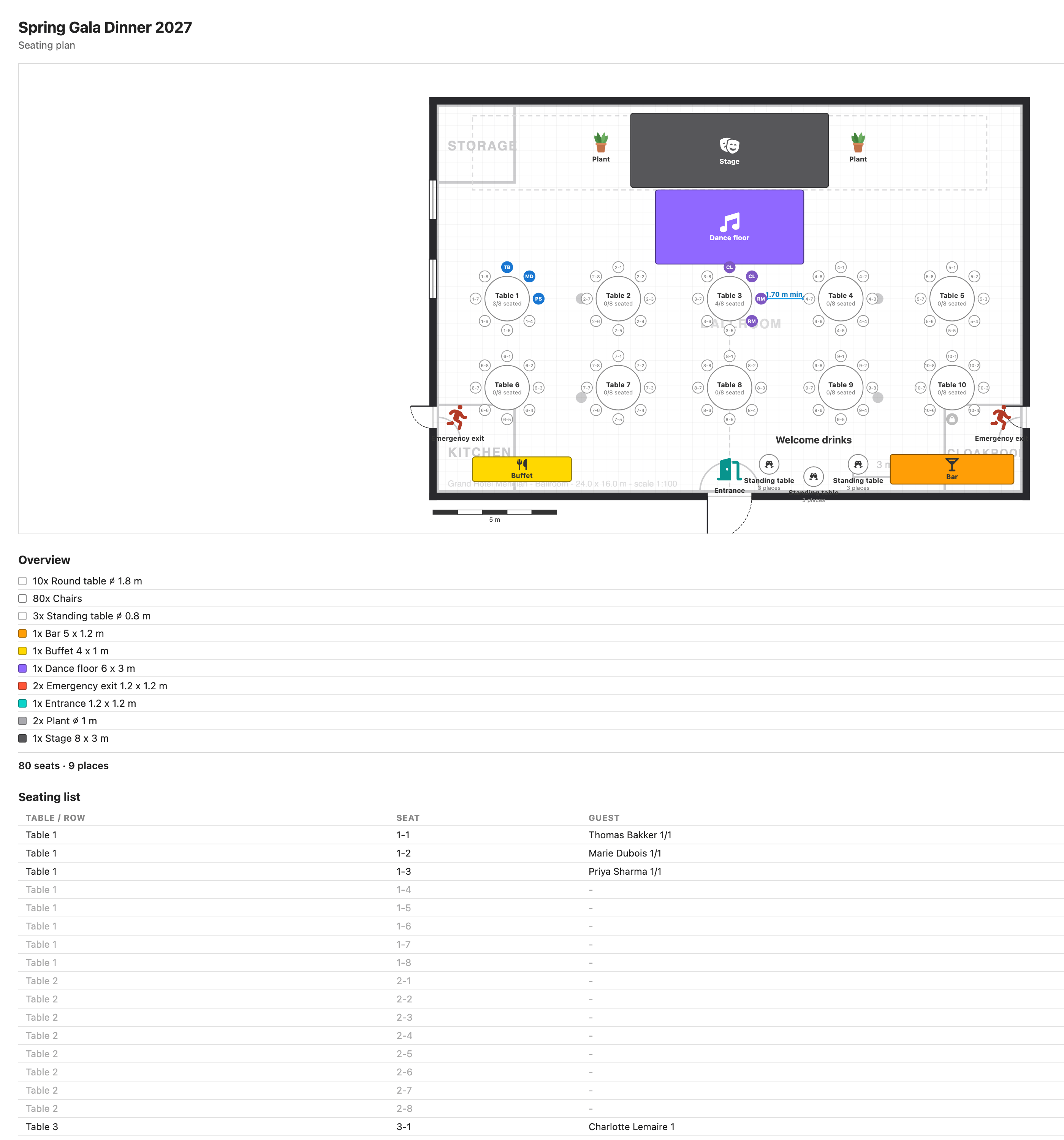 The print view, with the plan and the seating list